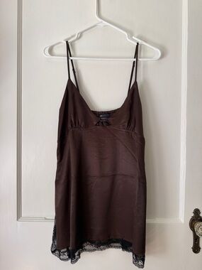 ASOS DESIGN satin lace trim longline cami top in chocolate